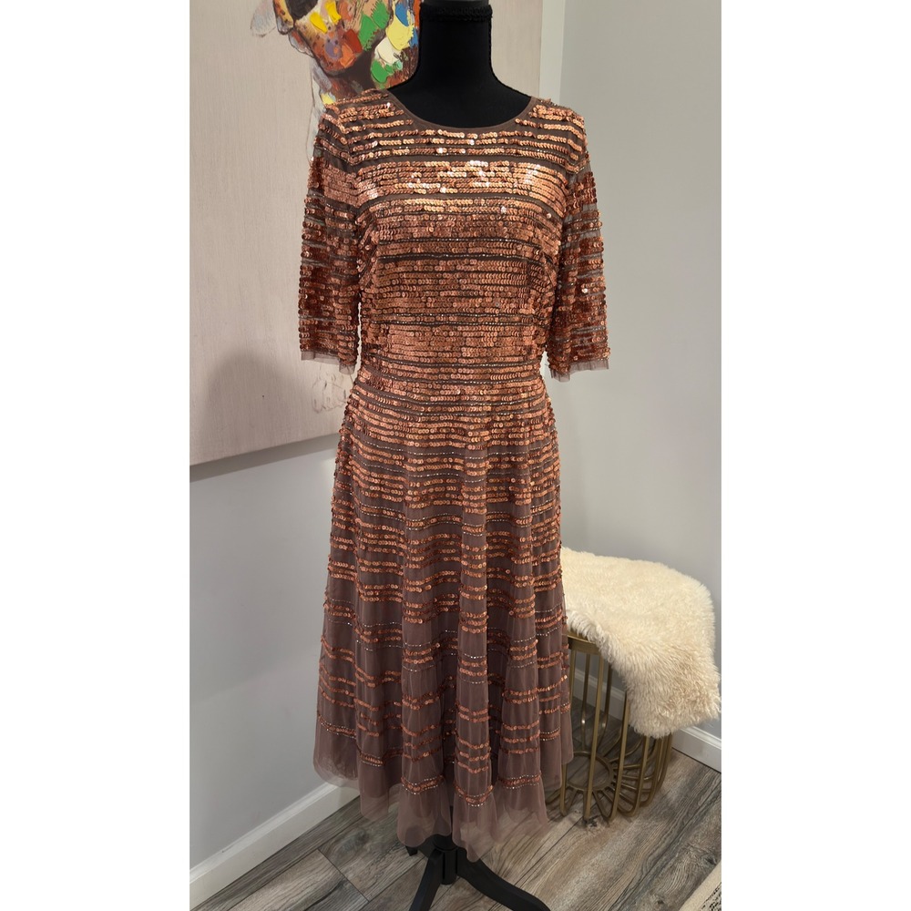 Johnny Was Sepia Beaded Mesh Dress Copper Sequin Midi Size 10 NWT